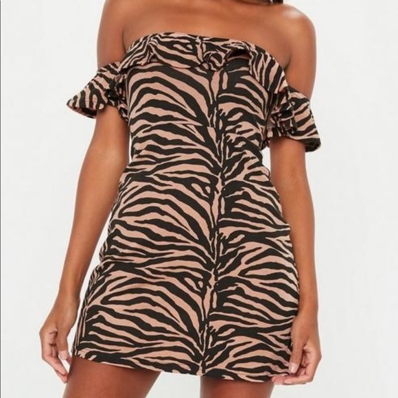 Missguided Dresses & Skirts - Rust Zebra Print Bardot Frill Skater Dress